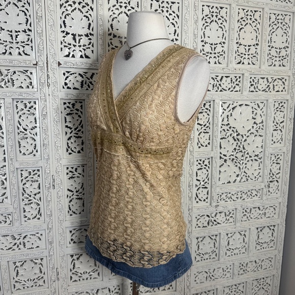 Y2K Tailor B Moss Gold Faux Wrap V Neck Lace Sequin Fairycore Tank Top Sz Large - Picture 3 of 8